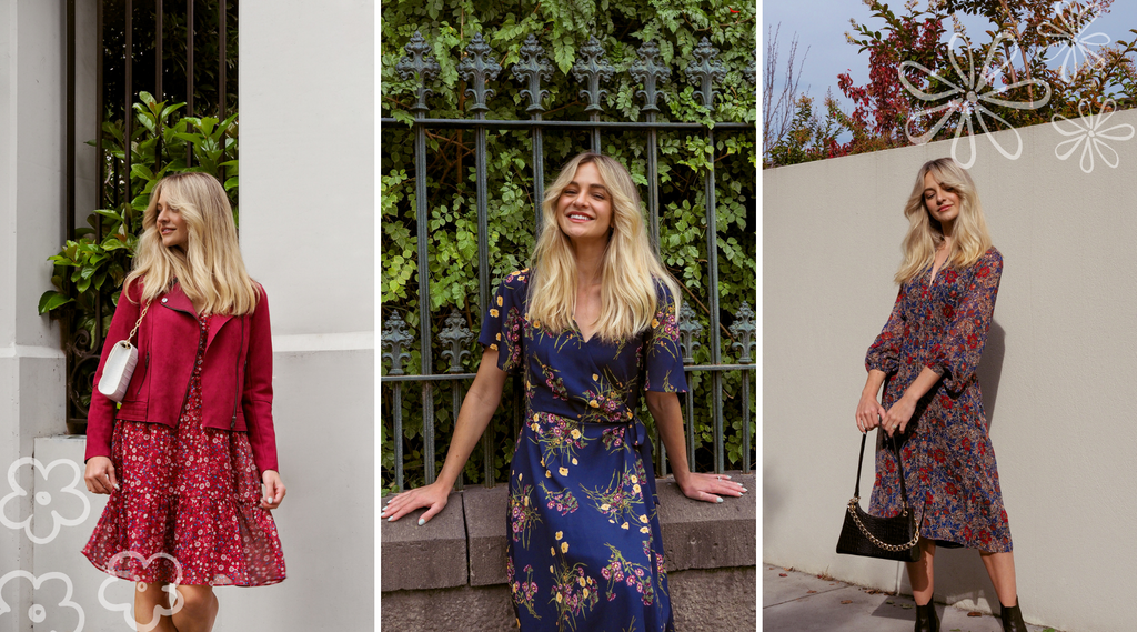 Pictured: Left image features Brooke Perry, standing in front of a white wall wearing the Montmartre Dress, holding a black patient leather bag . The center image again features Brooke, she is leaning on a fence with lush greenery behind her. She is wearing the Tully Blooms dress, which is a navy dress that features a clustered floral print. Right Image: features Brooke Perry with her head turned to the side, she is wearing the Isabella Suede Biker Jacket ; a berry red faux suede jacket. She is also wearing the Cabaret Dress.