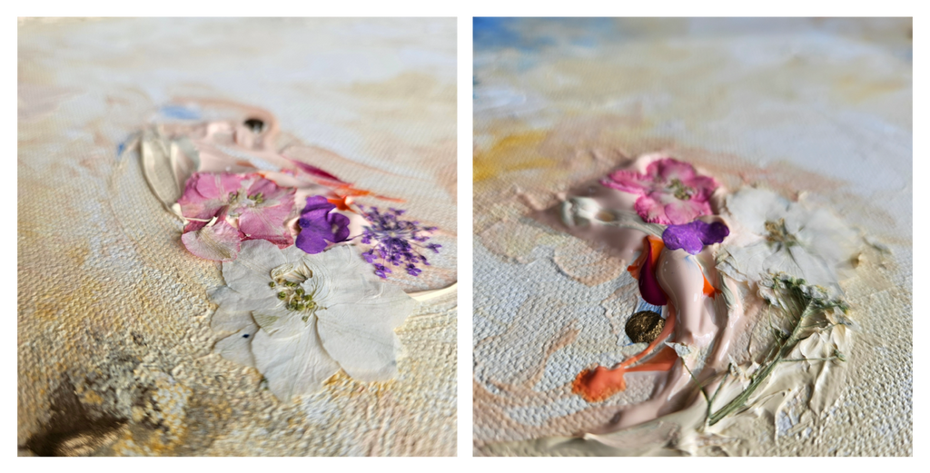 Details from Intisar’s Florets Series, 2024. Acrylic inlayed with dried flowers on canvas.