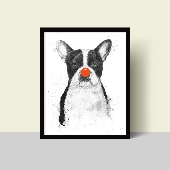 A framed humorous print by illustrator Balazs Solti titled "I'm Not Your Clown" featuring a bulldog wearing a red nose.
