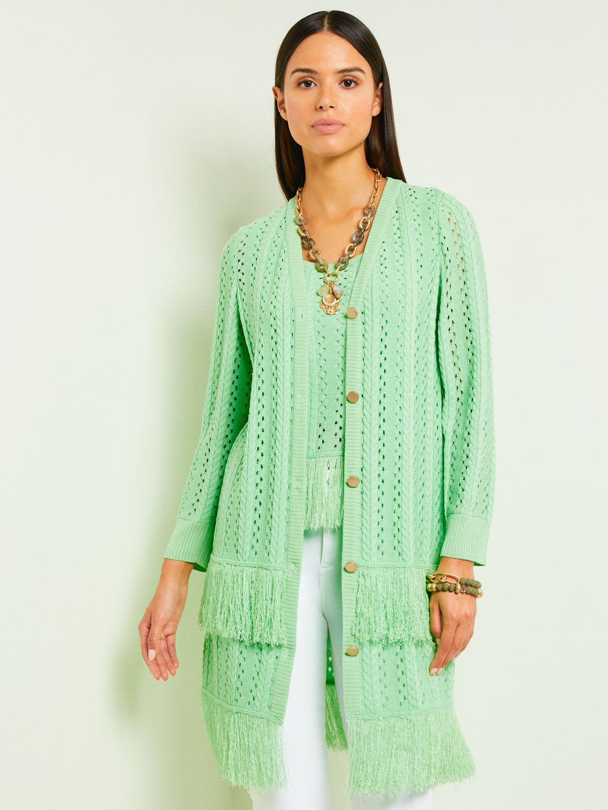 Button Front Jacket - Fringe Trim Pointelle Knit - meison product image