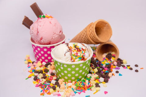Different flavors of ice cream and candy which contain high levels of sugar.