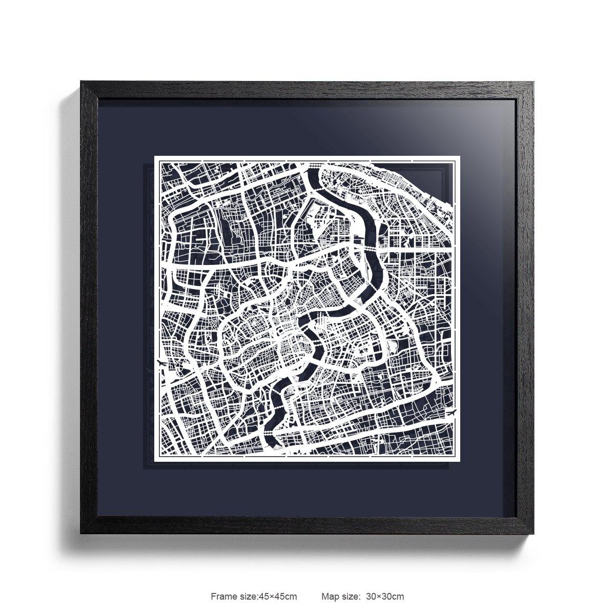 Paper cut maps framed, Beijing / Shanghai / Hong Kong 18 in – o3designstudio