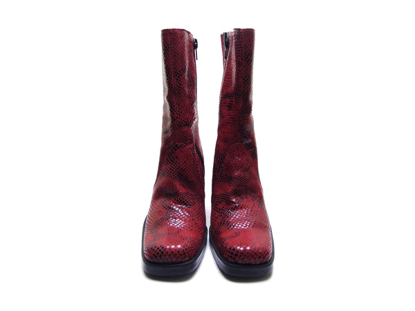 Red vintage 90s Chunky Heel boots square toe boot snakeskin python print leather ankle boot 90s booties stacked block high heel Size 6 1/2