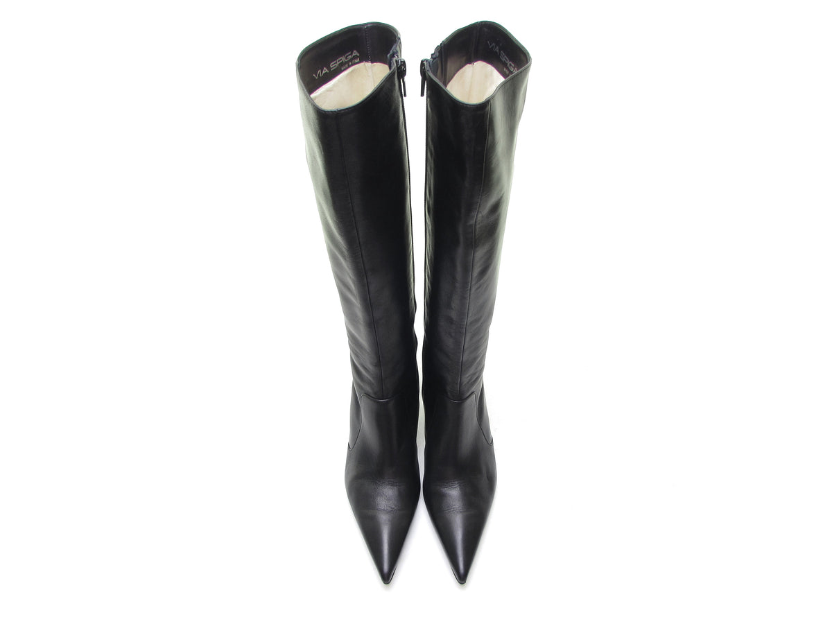 Calfskin Designer Italian black leather knee high boots Stiletto boots ...