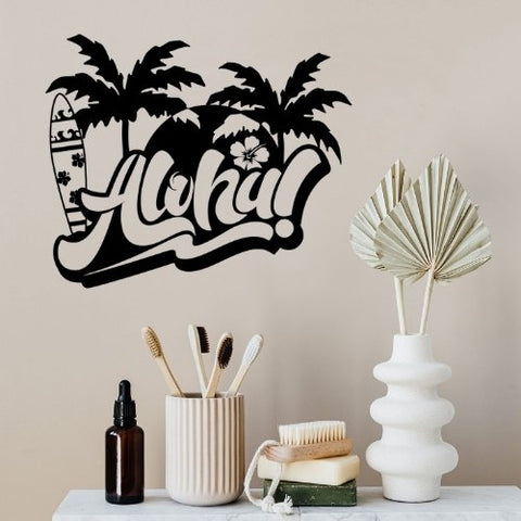 Decoración de pared de palmera y tabla de surf