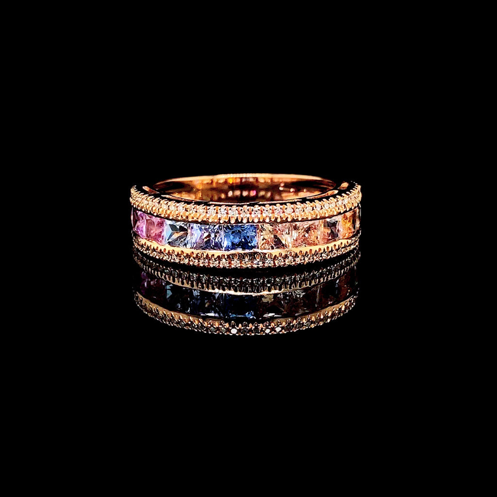 Rose Half Eternity Rainbow Sapphire Diamond Ring 14kt