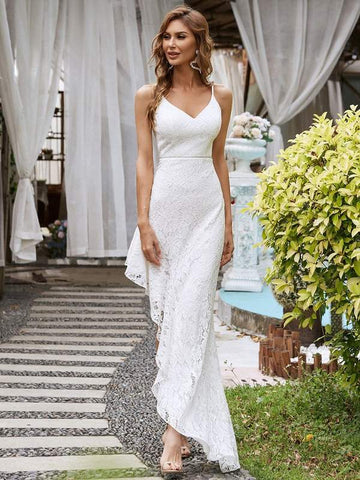 White V Neck Ruched Lace Gown With Full Sleeves – ShObO