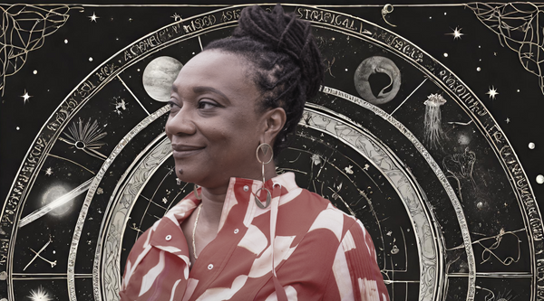A picture of a black woman smiling with an esoteric black background with planets and stars