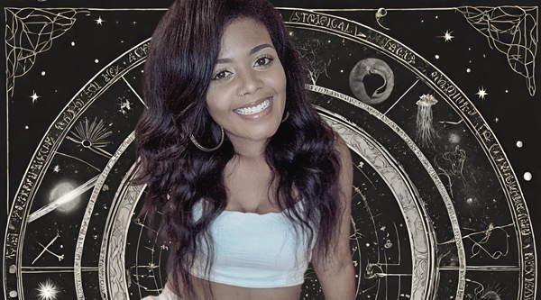 A picture of a black woman smiling with an esoteric black background with planets and stars