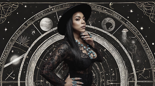 A picture of a black woman looking fierce with an esoteric black background with planets and stars