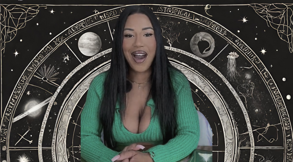 A picture of a black woman in a green top smiling with an esoteric black background with planets and stars