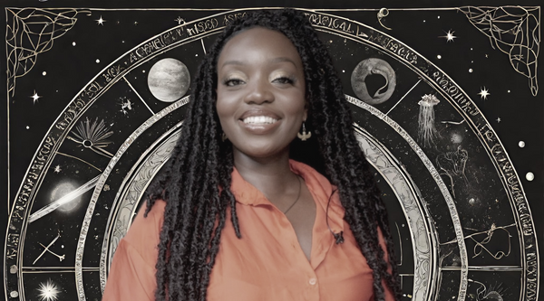 A picture of a black woman smiling with an esoteric black background with planets and stars