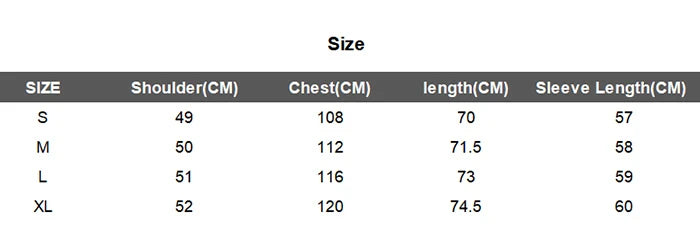 size chart Black Tech Wear Jacket