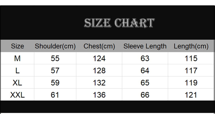 Size chart Japanese Techwear Cloak