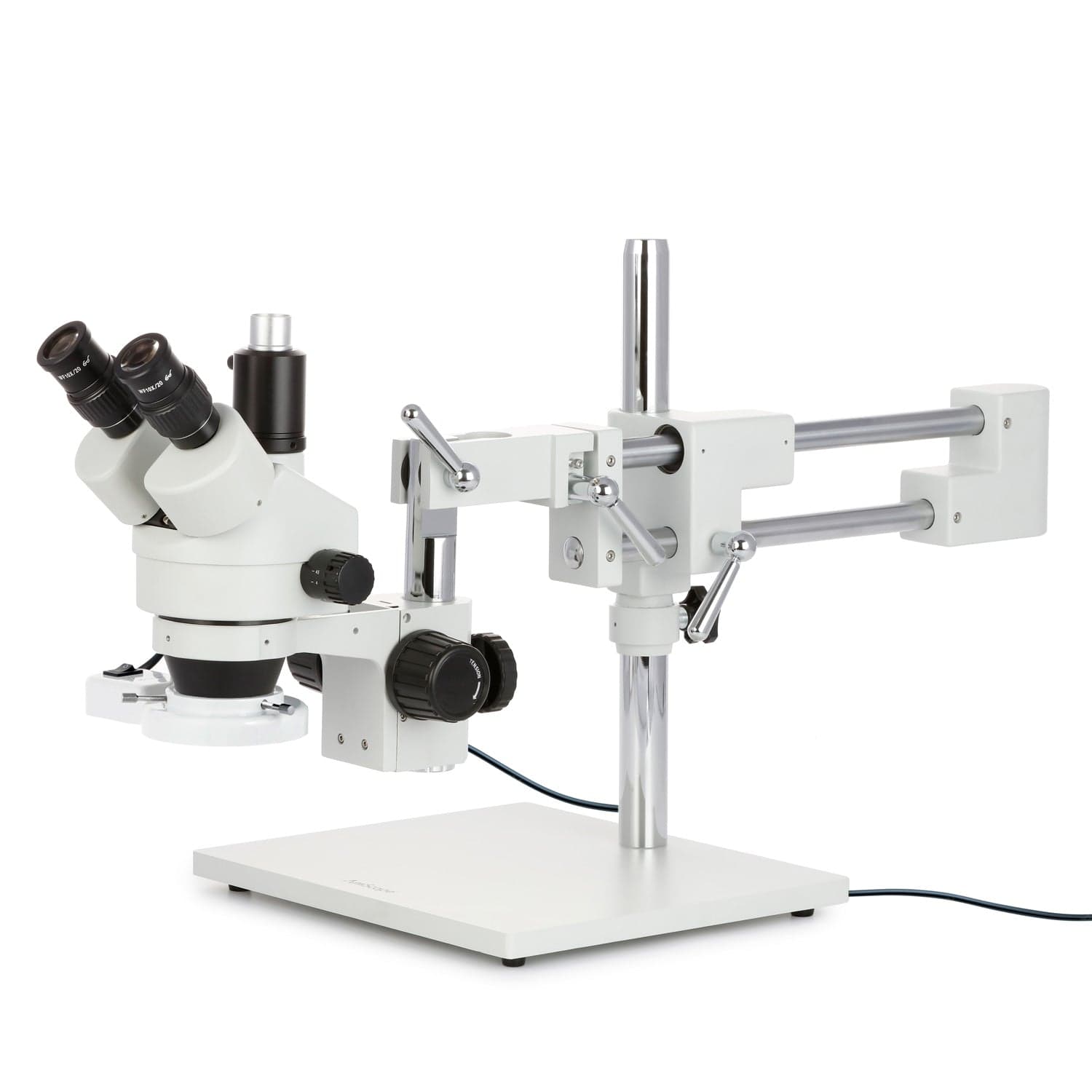 AmScope SM-4 Series Zoom Trinocular Stereo Microscope with 8W Fluorescent Ring Light and Optional Digital Camera on Double Arm Boom Stand