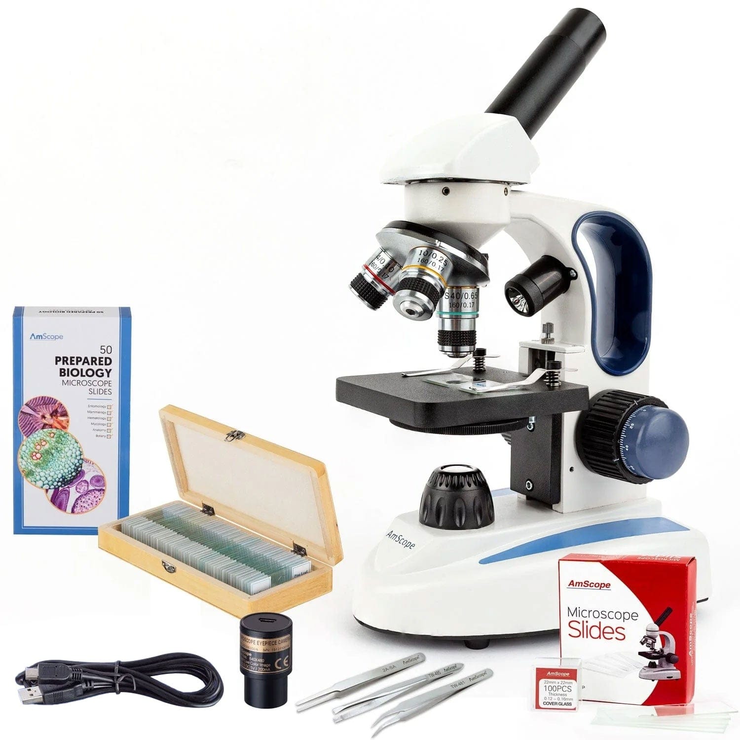 AmScope M158 Series Cordless LED Metal Frame Compound Microscope Value Bundle 40X-1000X Magnification with Course and Fine Focus, 5MP Digital Camera, 50-Piece Prepared Slides Set, and 3-Piece Precision Tweezers Set
