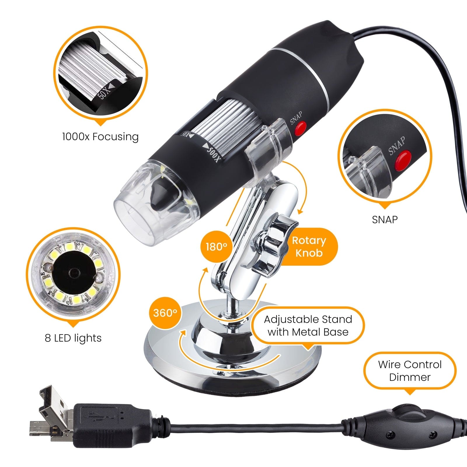 USB Microscope, Digital Handheld 40X-1000X Magnification Endoscope Mini  Video Camera with 8 Adjustable LED Lights, Compatible with Windows  7/8/10/11