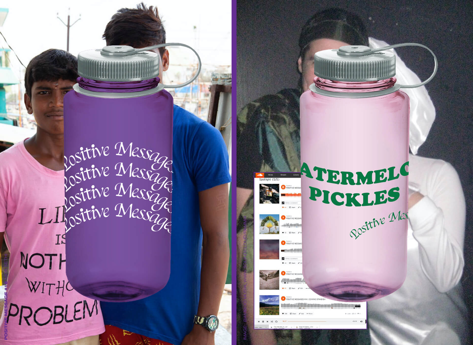 ポジティブメッセージのパープルとピンクの2種類のボトル