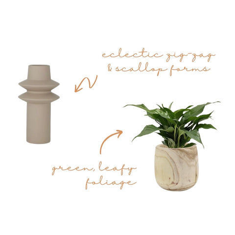 New Med 2022 Homewares Collection Styling Tips - Zig-Zag forms and leafy green foliage