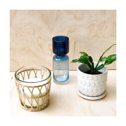 New Med 2022 Collection - Rattan Candle, Blue Coloured Glass Vase & Brady Glazed Ceramic Plant Pot