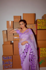 Lilac Hand Embroidered Organza Shaded Saree with Blouse and Petticoat