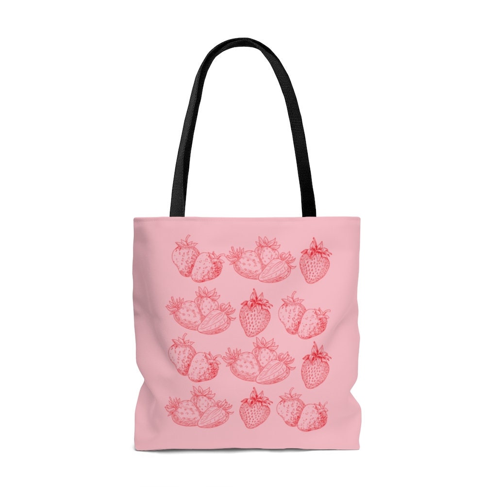 Strawberry Tote Bag Canvas Tote Bag Pink Green Graphic Tote 