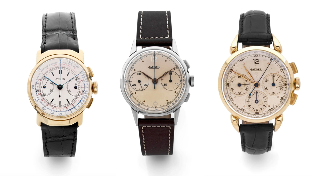 a variety of different Jaeger chronograph watches from the 1950s