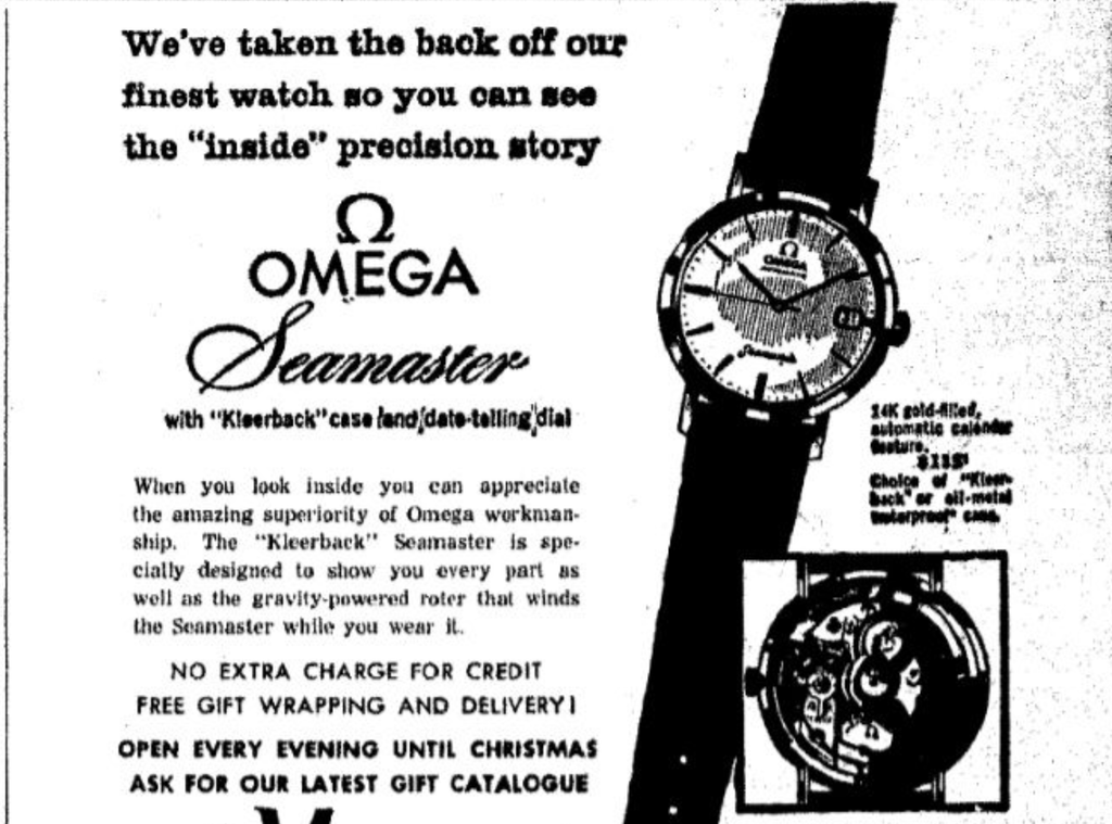 vintage US American advertisement for a super rare Omega DeVille Kleerback Exhibition Cas Back