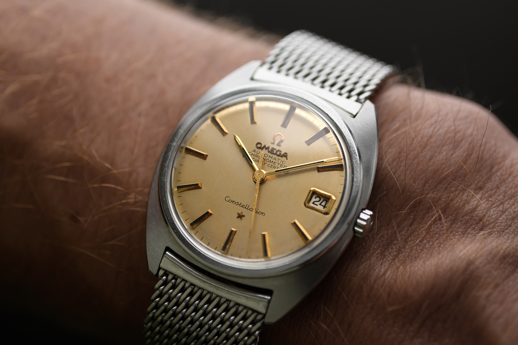 vintage 1970s Omega Constellation C-Shape 168.017 in steel with Champagne dial