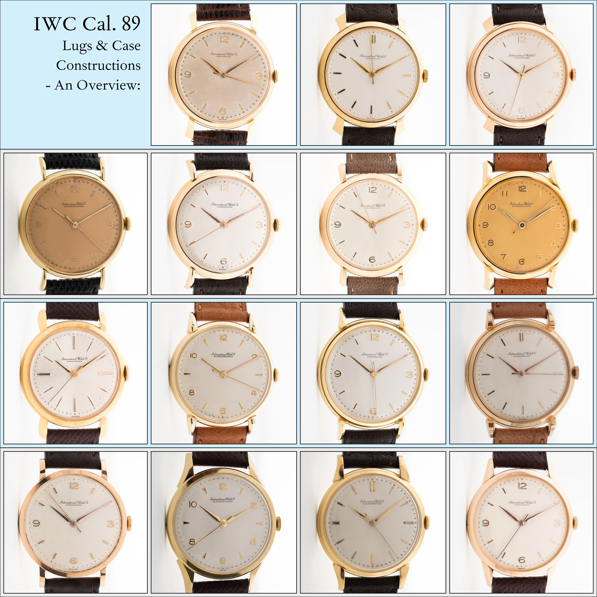 An overview over various vintage IWC caliber 89 cases and lugs