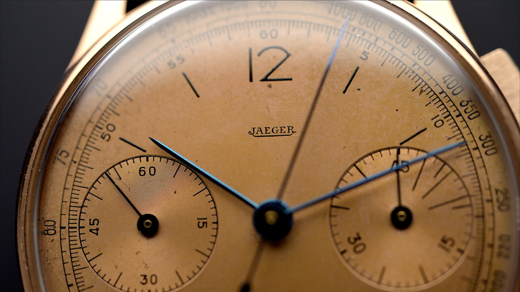 dial closeup on a vintage Jaeger chronograph