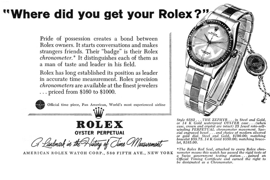 1950s vintage advertorial for Rolex Zephyr reference 6582