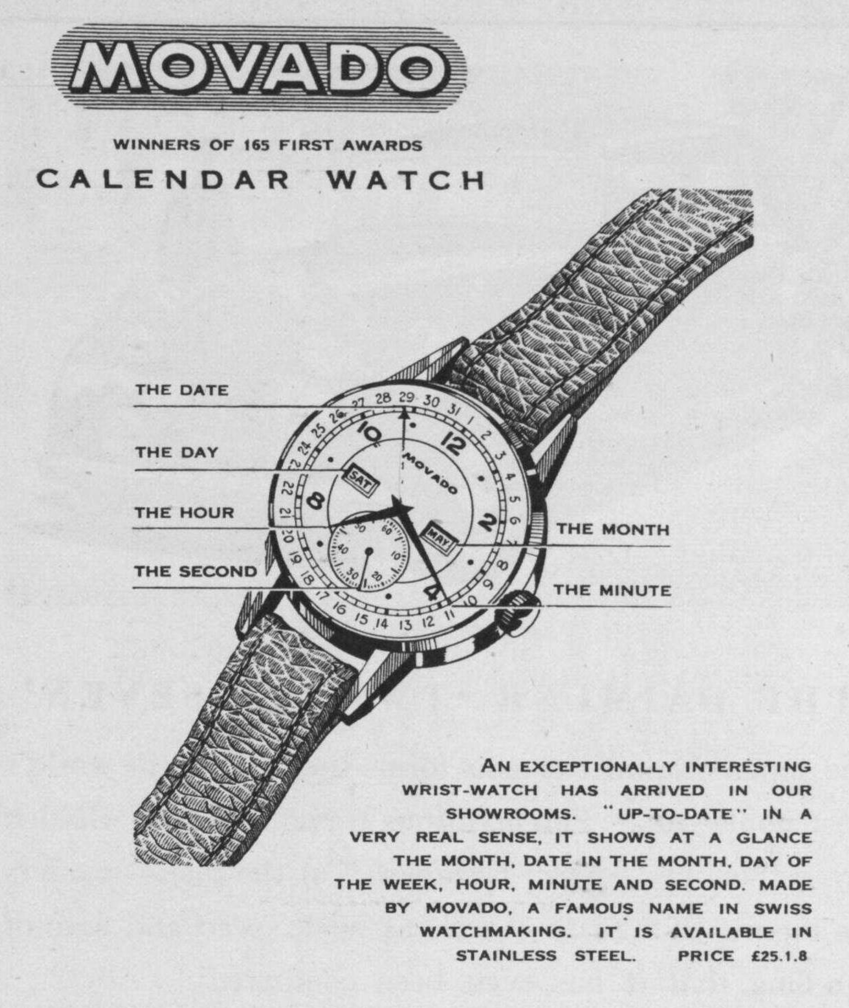 vintage 1940s Movado advertorial for the functionality of the Calendograf models