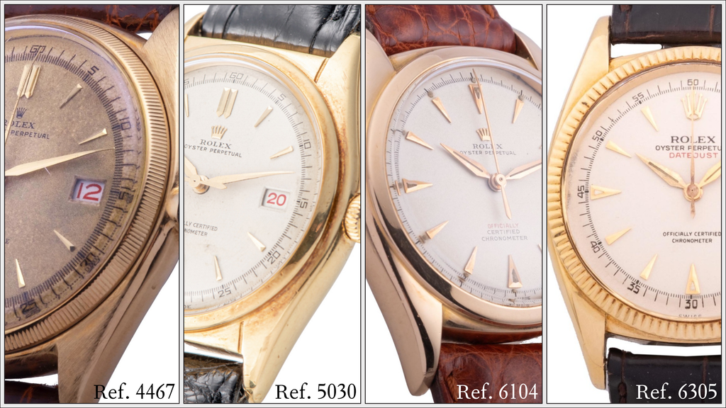 Four early example Rolex Datejust models in gold with special lug chamfers