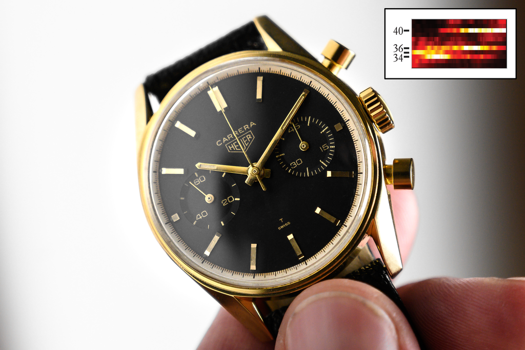 vintage 1960s Heuer 3648 Carrera chronograph in yellow gold, black dial