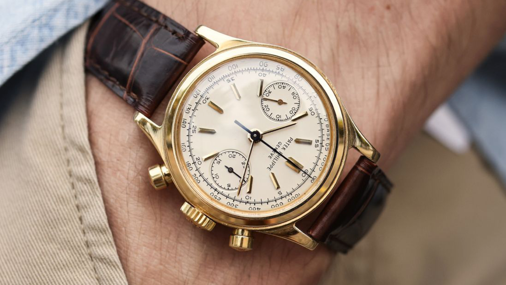 Wrist shot of a vintage 1960s Patek Philippe ref. 1463 Tasti Tondi chronograph watch with ebony dial
