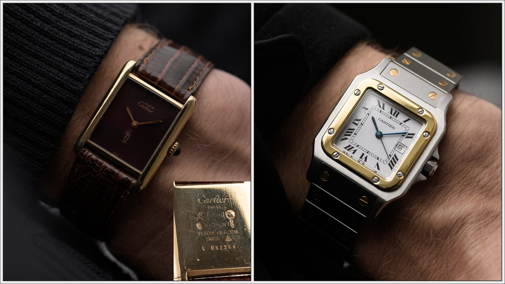 Wrist shots of vintage 1980s Cartier Santos Carree and Tank Must models