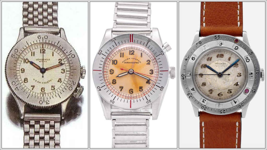Three examples of vintage late 1930s watches with revolving bezel-styles from Longines, Movado and Rolex