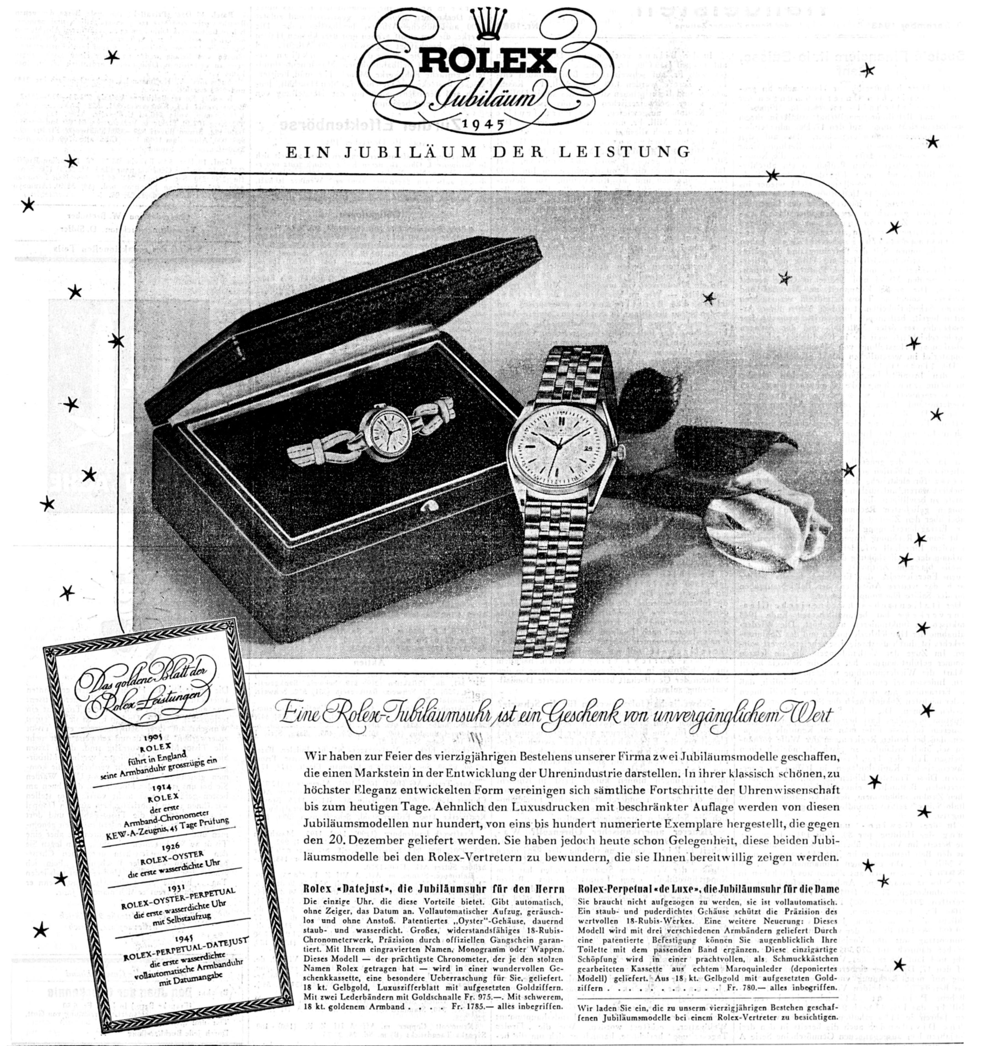 historical 1945 Rolex advertorial showcasing two anniversary watches