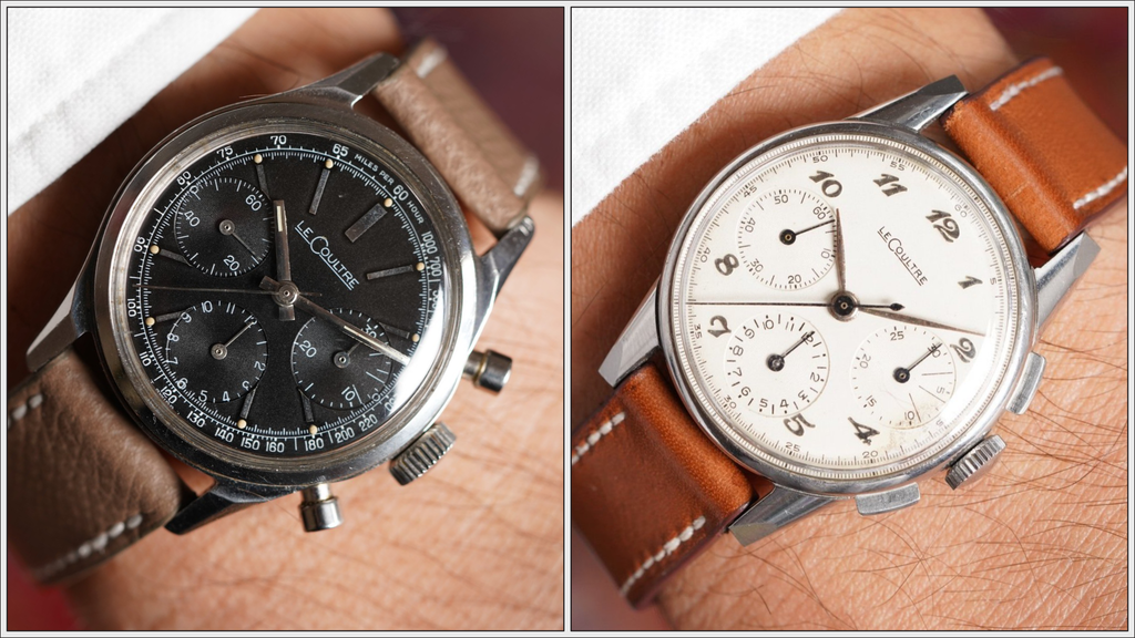 wristshots of two vintage LeCoultre chronographs with Valjoux and Universal Geneve Martel movements