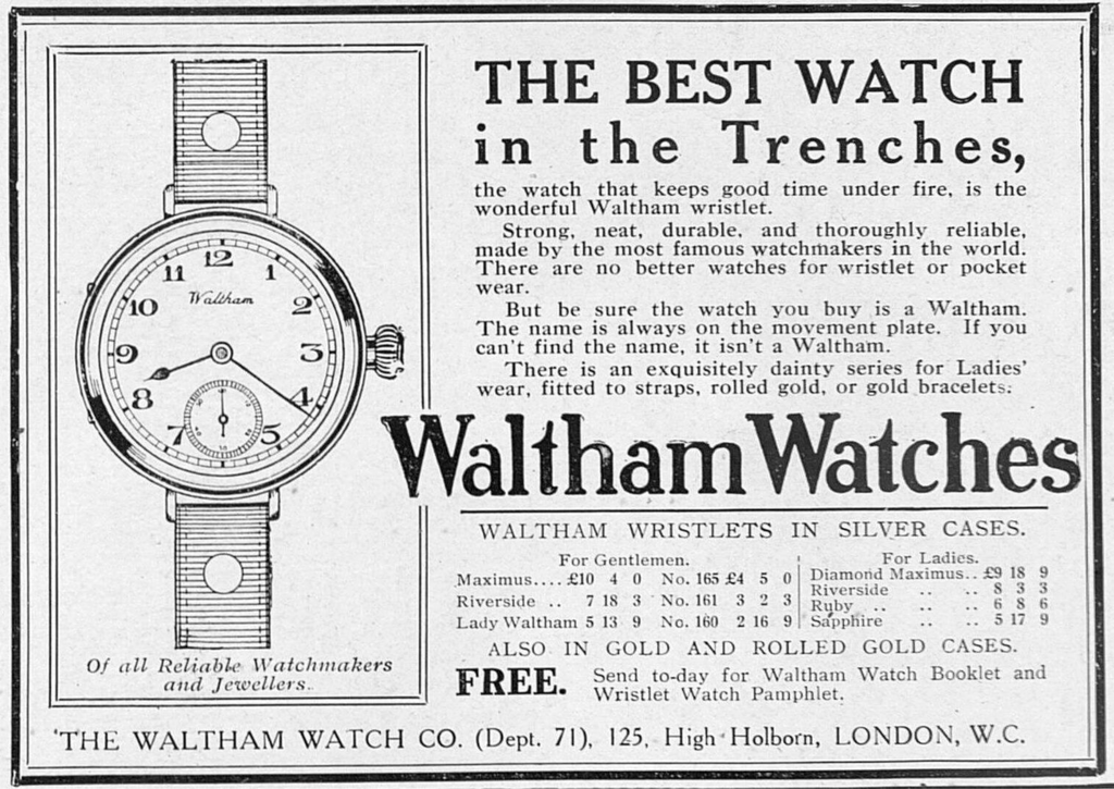 vintage 1915 Waltham advertorial showing a "Wristlet" watch for the trenches