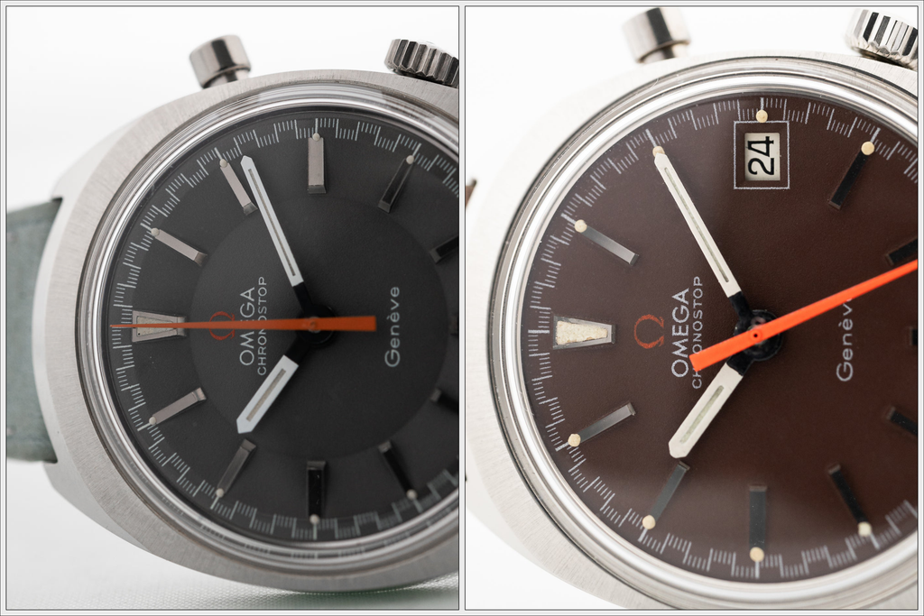 Comparison of vintage 1960s Omega Chronostop dial layouts and shapes