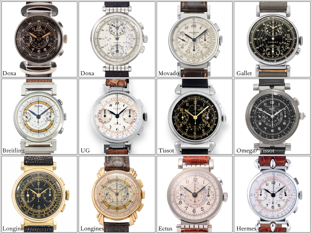 Several examples of 1930s Chronograph watches with extreme lug shapes
