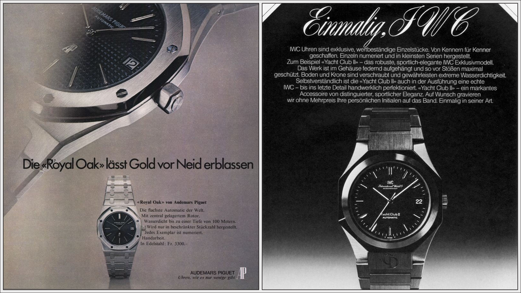 vintage watch advertorials from Audemars Piguet and IWC on their luxury steel sports watches