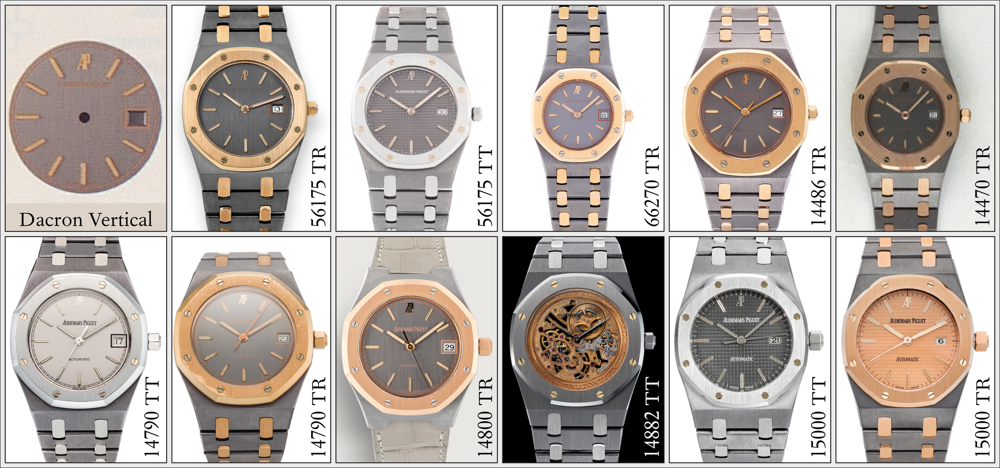 Overview over 8 out of 9 Royal Oak Tantalum time-only models