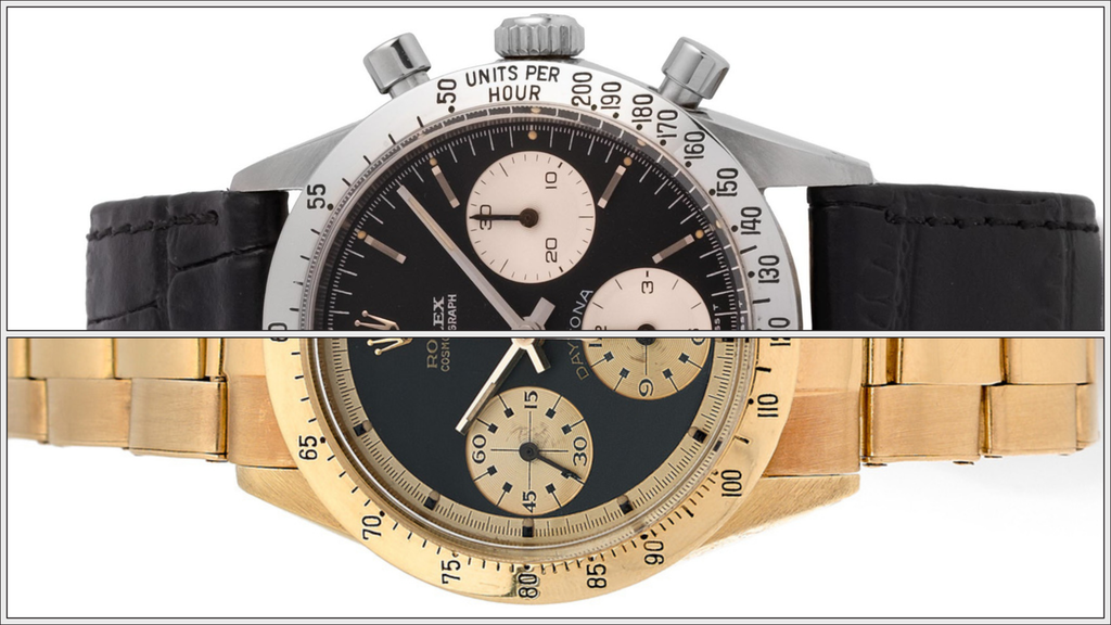 comparing two vintage Rolex ref. 6239 Daytona Chronograph watches in steel and gold