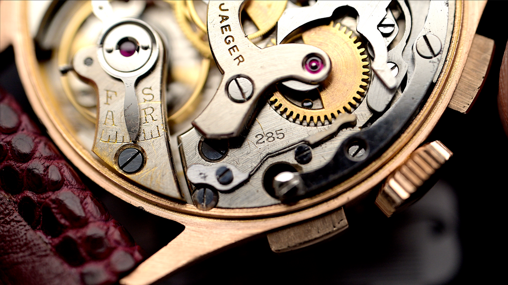 a Martel/Universal Geneve column-wheel chronograph movement from the 1940s in a Jaeger timepiece