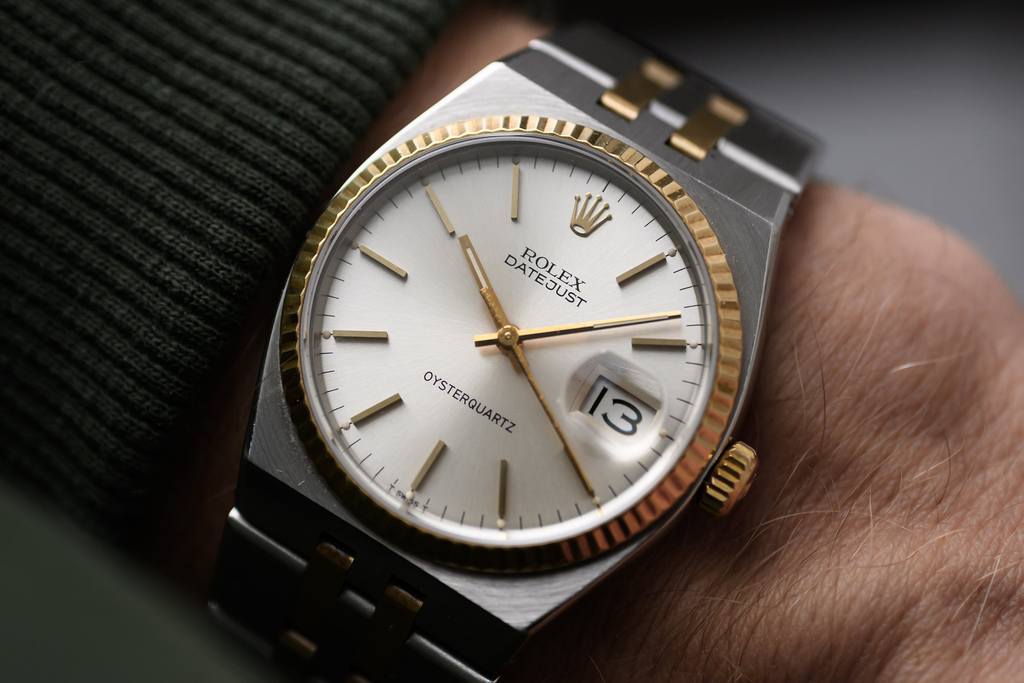 Early Mark I vintage Rolex Oysterquartz Datejust from 1979 with three-line dial