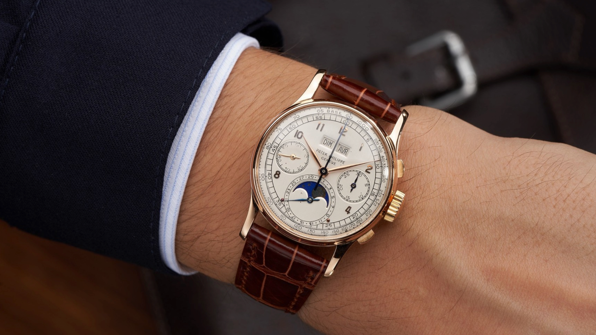 wrist shot of a vintage 1940s Patek Philippe ref. 1518 Perpetual Calendar Chronograph