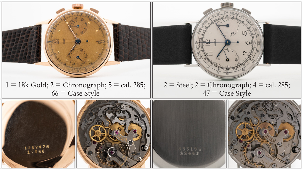Two Example Vintage Jaeger Chronograph watches to illustrate the reference number system
